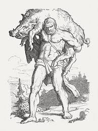 Heracles and the boar of Erymanthe, illustration of the third work of Hercules.